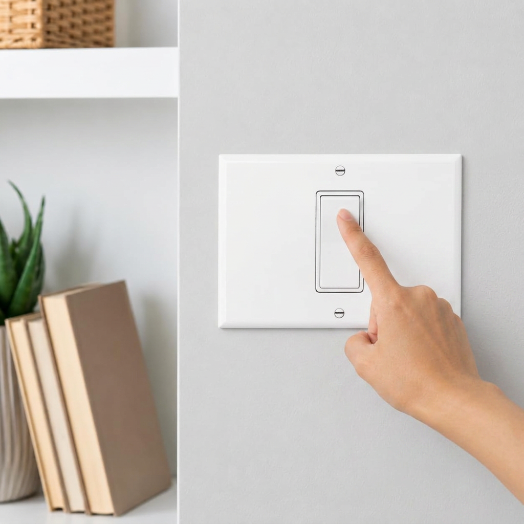 Finger pressing the centred rocker switch on the white three-gang plate with two blank sections