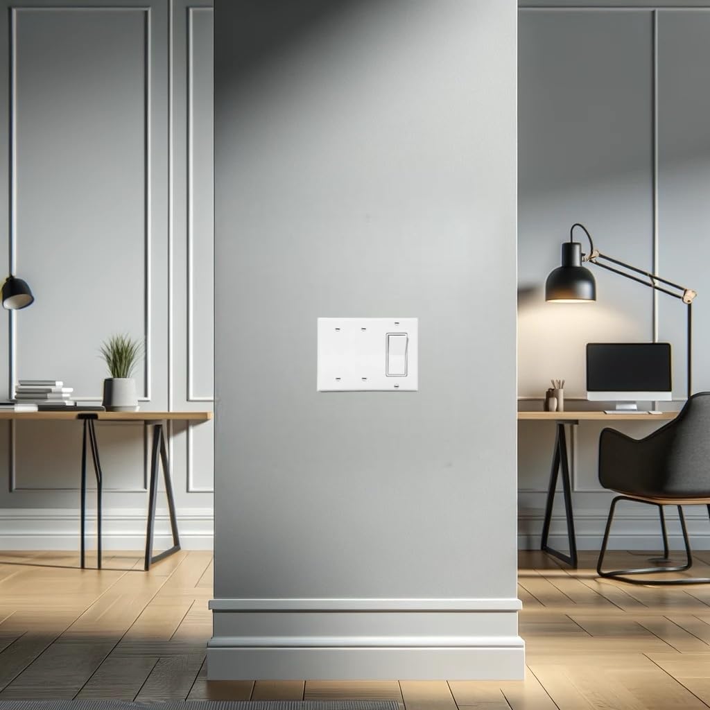 White three-gang wall plate installed on a grey wall in a modern office