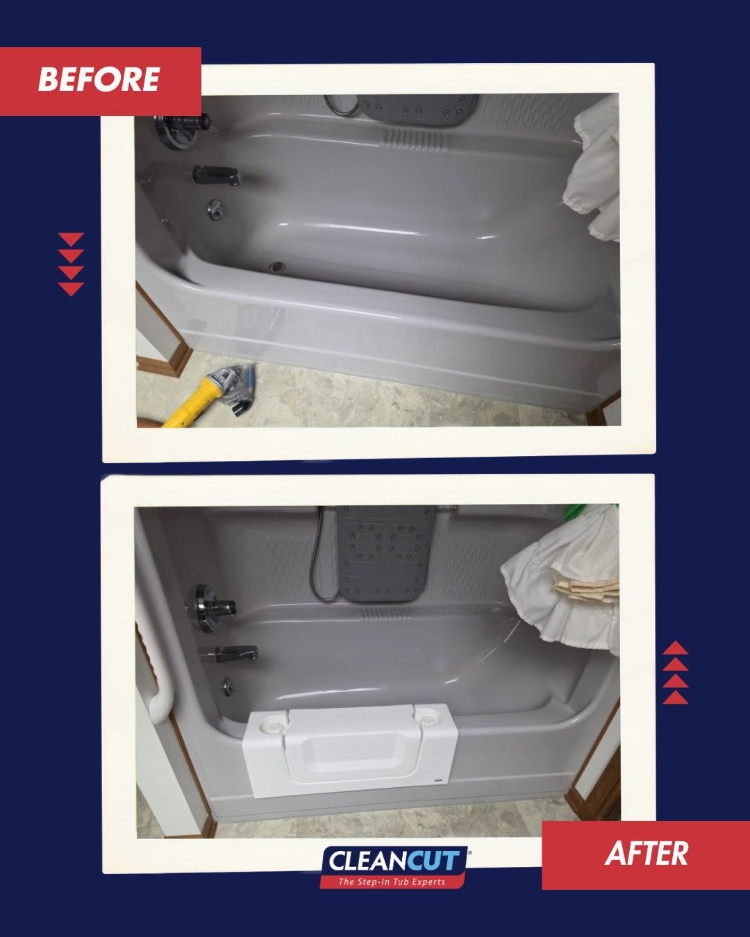 Exemple réel : insert amovible fermé dans le rebord d’une baignoire grise existante.