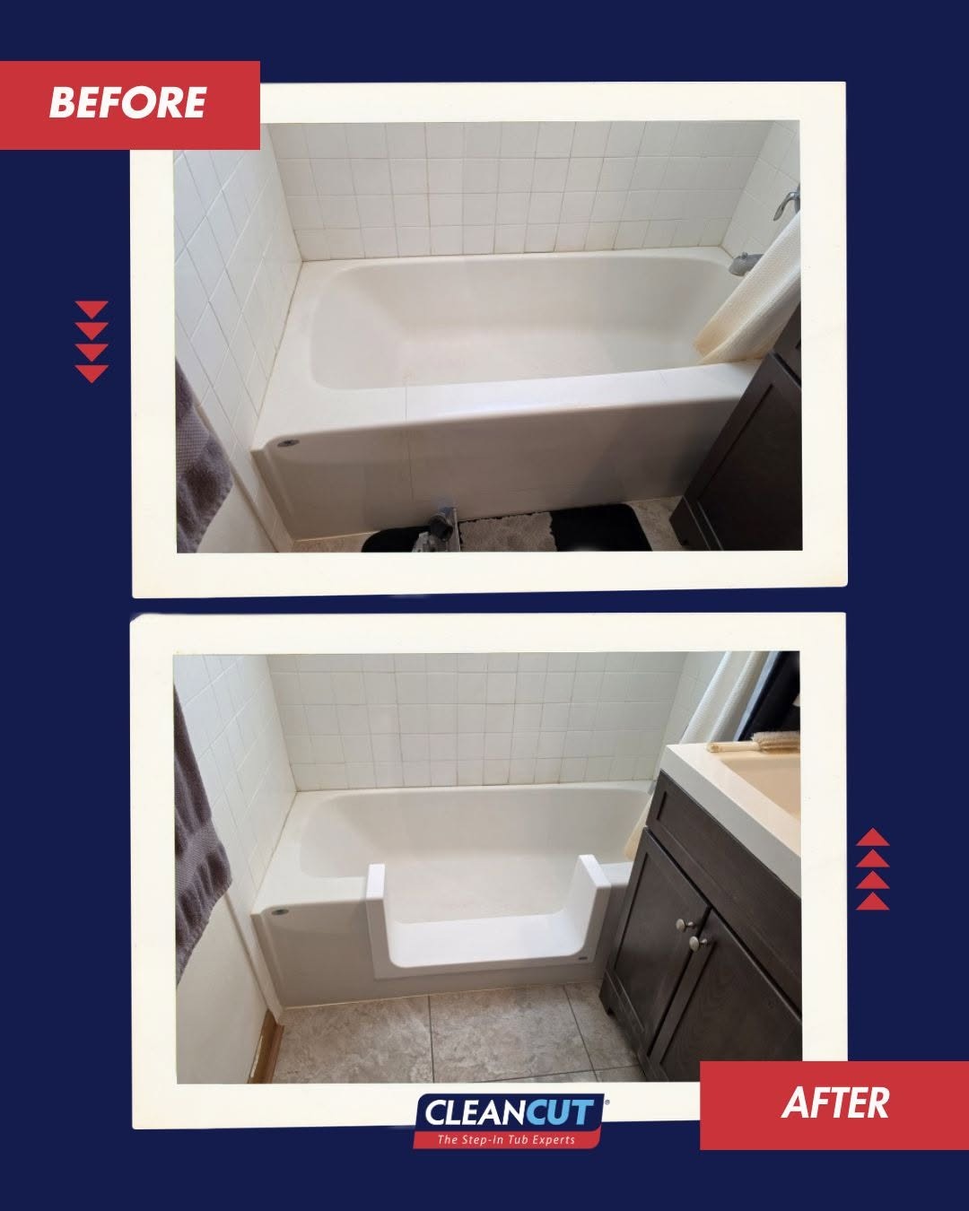 Exemple réel : ouverture permanente dans le rebord d’une baignoire blanche existante.