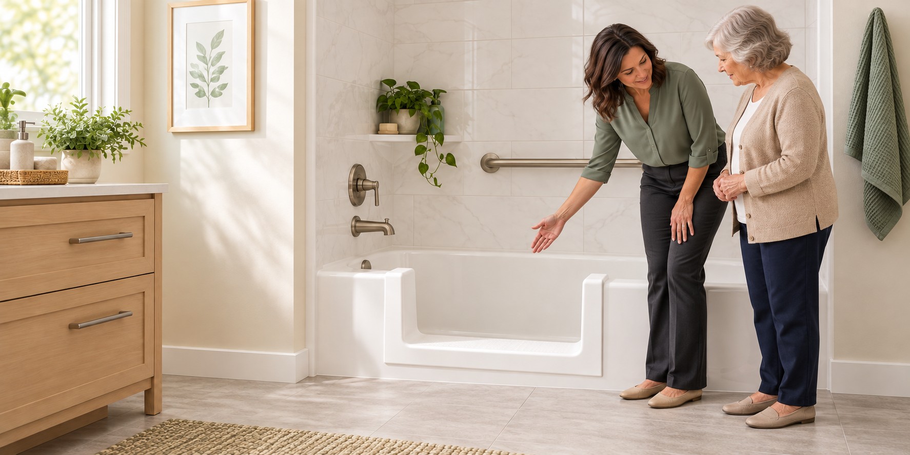 Illustration of an occupational therapist showing a bathtub opening to an older woman