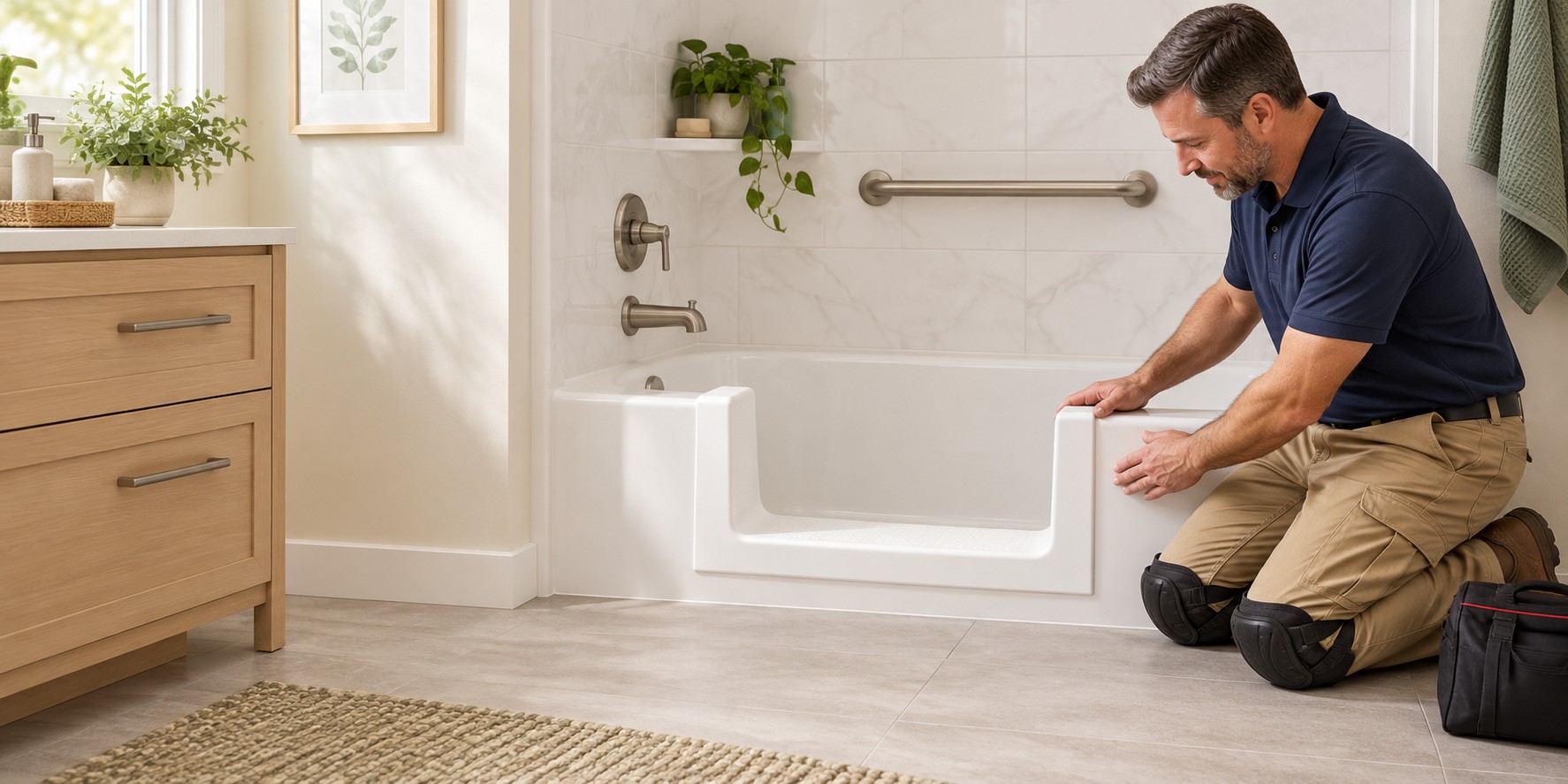Illustration of an installer beside a bathtub with a lowered opening