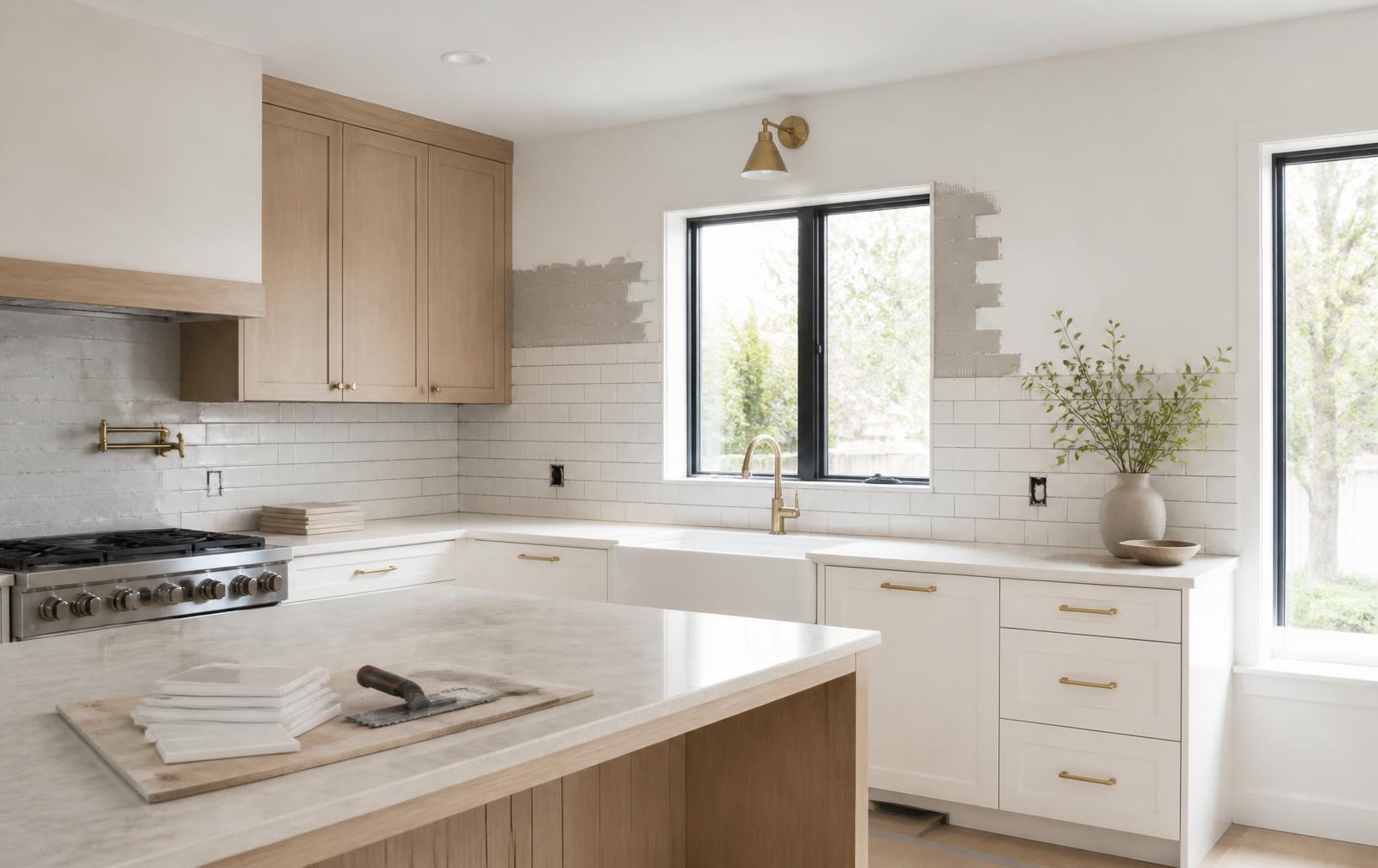 Bright kitchen renovation with a matte white subway tile backsplash partly installed